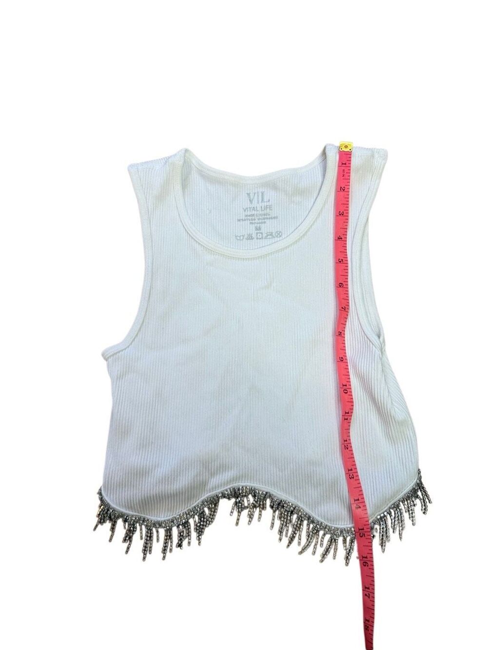 White Ribbed Rhinestone fringe Tank Top Medium Vital Life